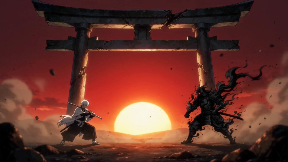 Anime swordsman vs demon at torii