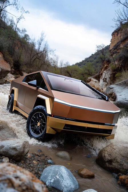 Custom wrapped Cybertruck on rocky river