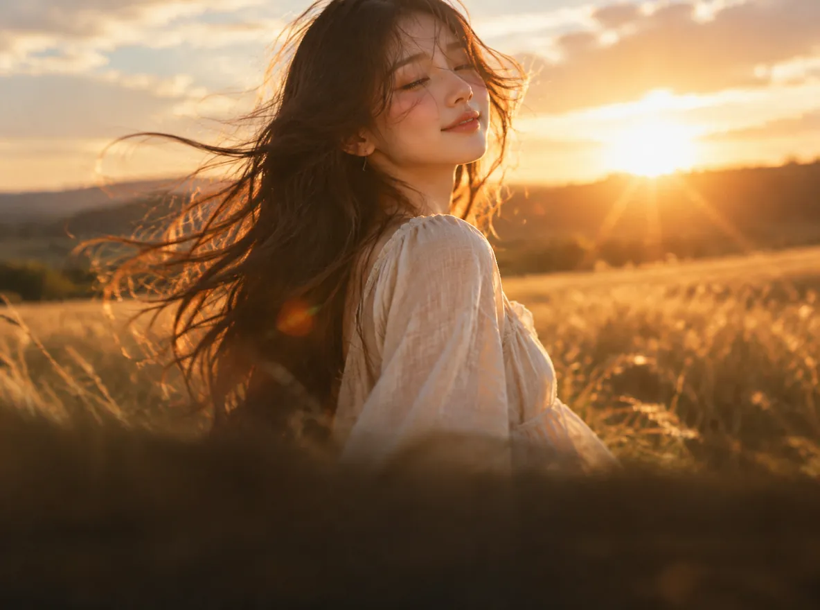 A young woman in a golden wheat field at sunset, her hair and linen dress blowing in the wind