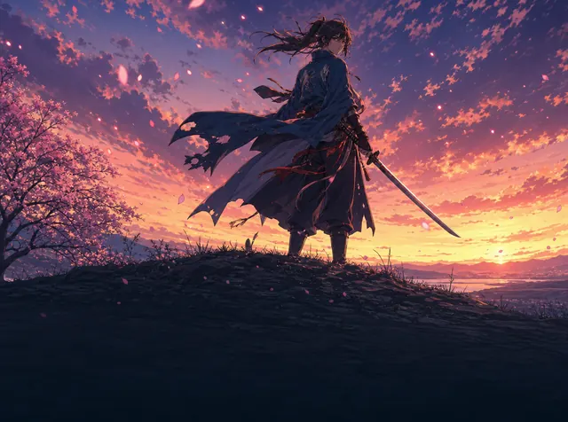 An anime swordsman on a hilltop at dusk with his coat blowing and sakura petals swirling