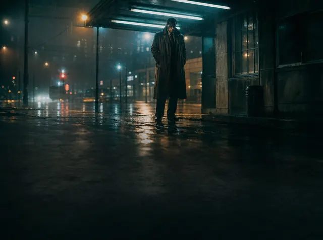 A lone figure in a long coat under a neon-lit awning on a rain-soaked night street