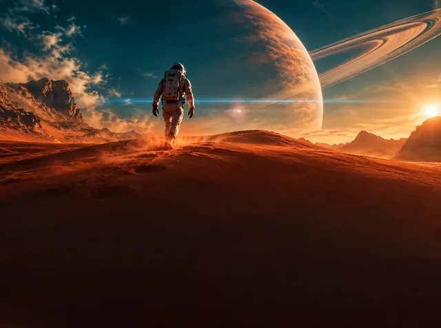An astronaut walking across a red desert dune toward a huge ringed planet on the horizon