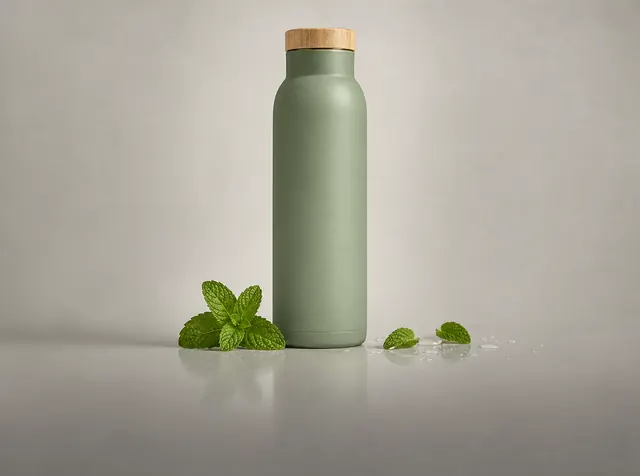 A sage-green insulated water bottle with a bamboo lid on a light studio backdrop with mint leaves