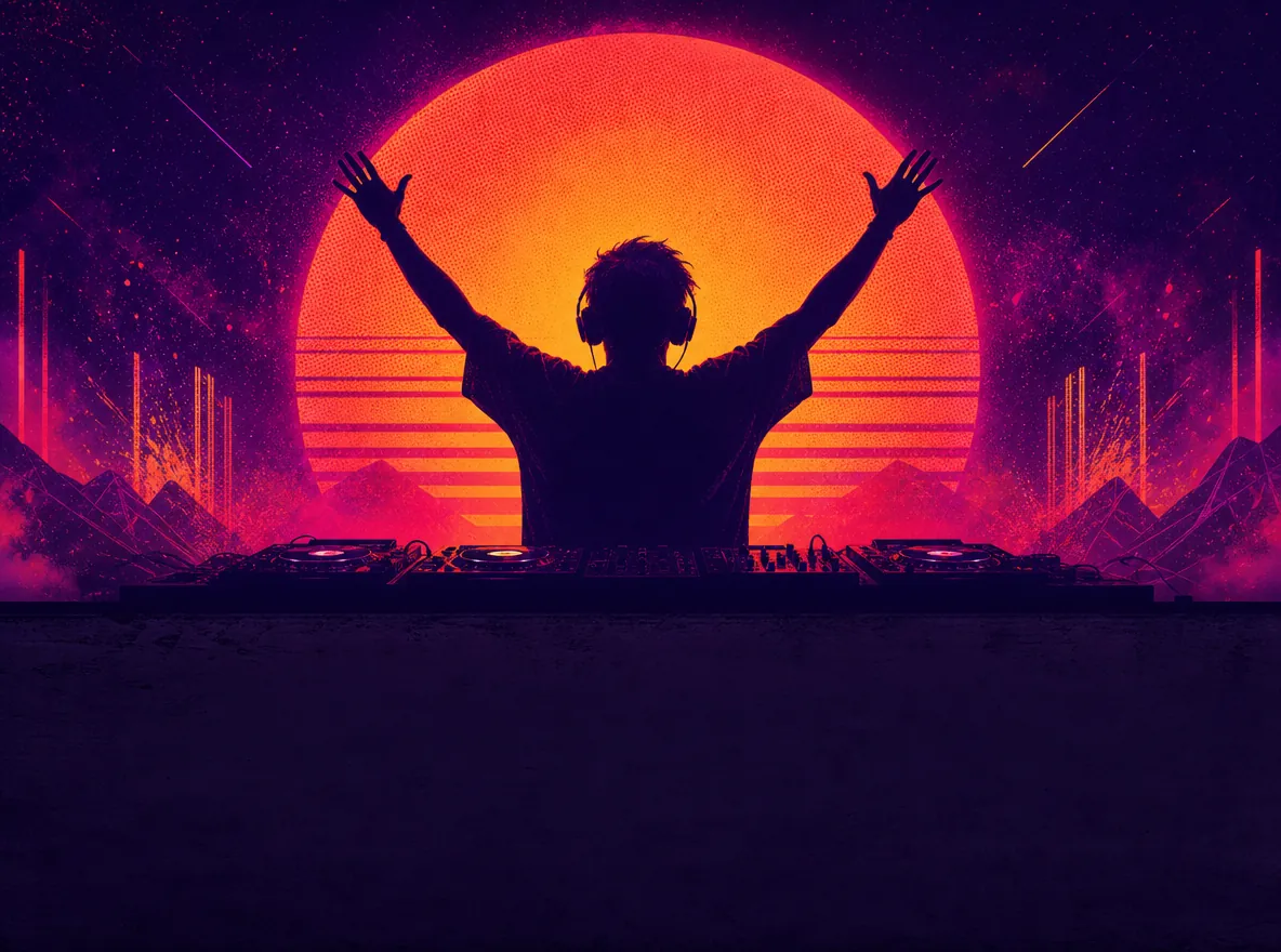 A DJ silhouette with raised arms in front of a giant glowing synthwave sun