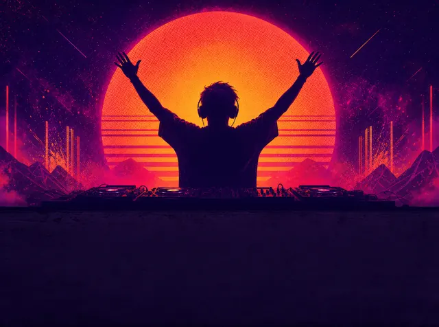A DJ silhouette with raised arms in front of a giant glowing synthwave sun