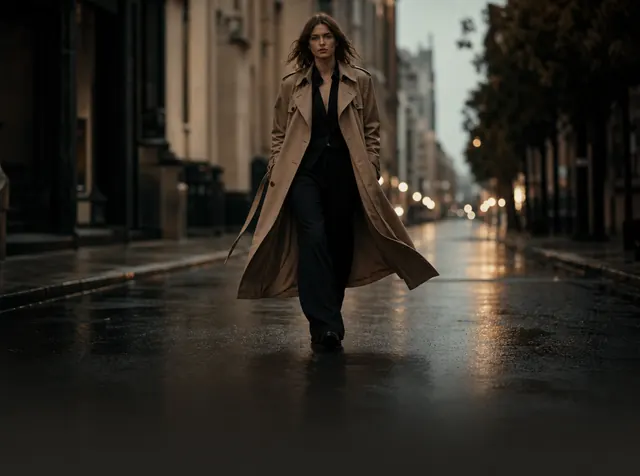 A model walking toward camera in a flowing camel trench coat on a wet city street at dusk