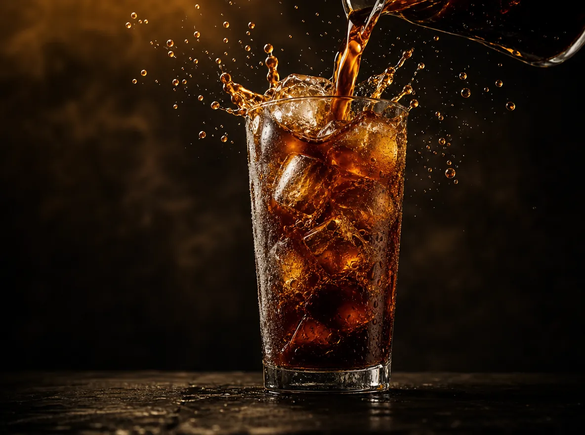 Iced cold brew pouring into a tall glass with splashes frozen mid-air against a dark backdrop