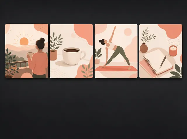 Four pastel carousel slides illustrating a morning routine with sun, coffee, yoga and notebook