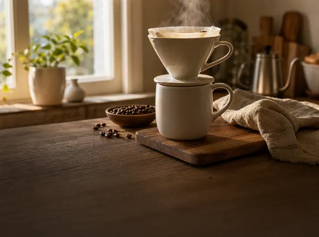 A ceramic pour-over coffee dripper and mug on a wooden kitchen counter in morning window light
