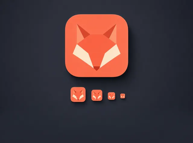 A coral fox-head app icon shown at several sizes on a dark slate background