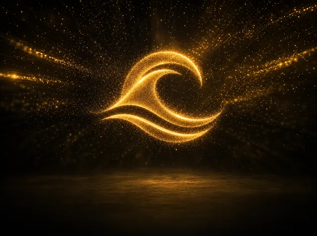 Golden particles converging into a glowing wave-shaped emblem in a dark void