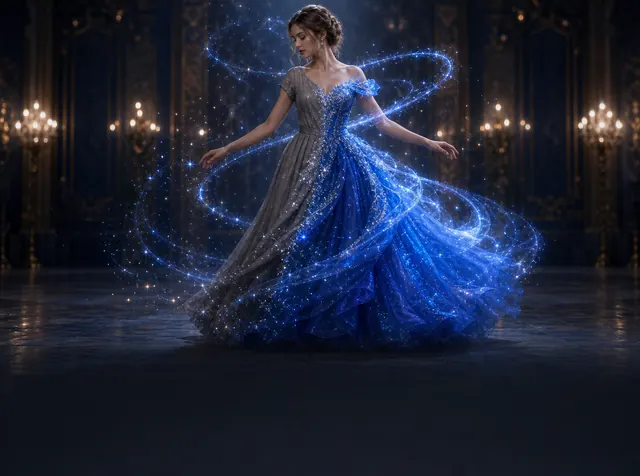 A woman's grey dress transforming into a glowing blue ball gown amid swirling sparkles