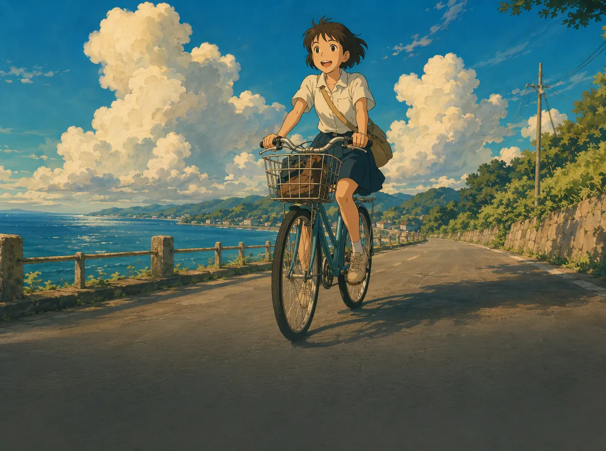 An anime-style painting of a girl riding a bicycle along a seaside road under summer clouds