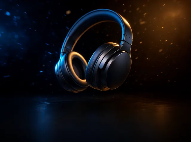 Wireless headphones floating against black with blue and orange rim light and drifting particles