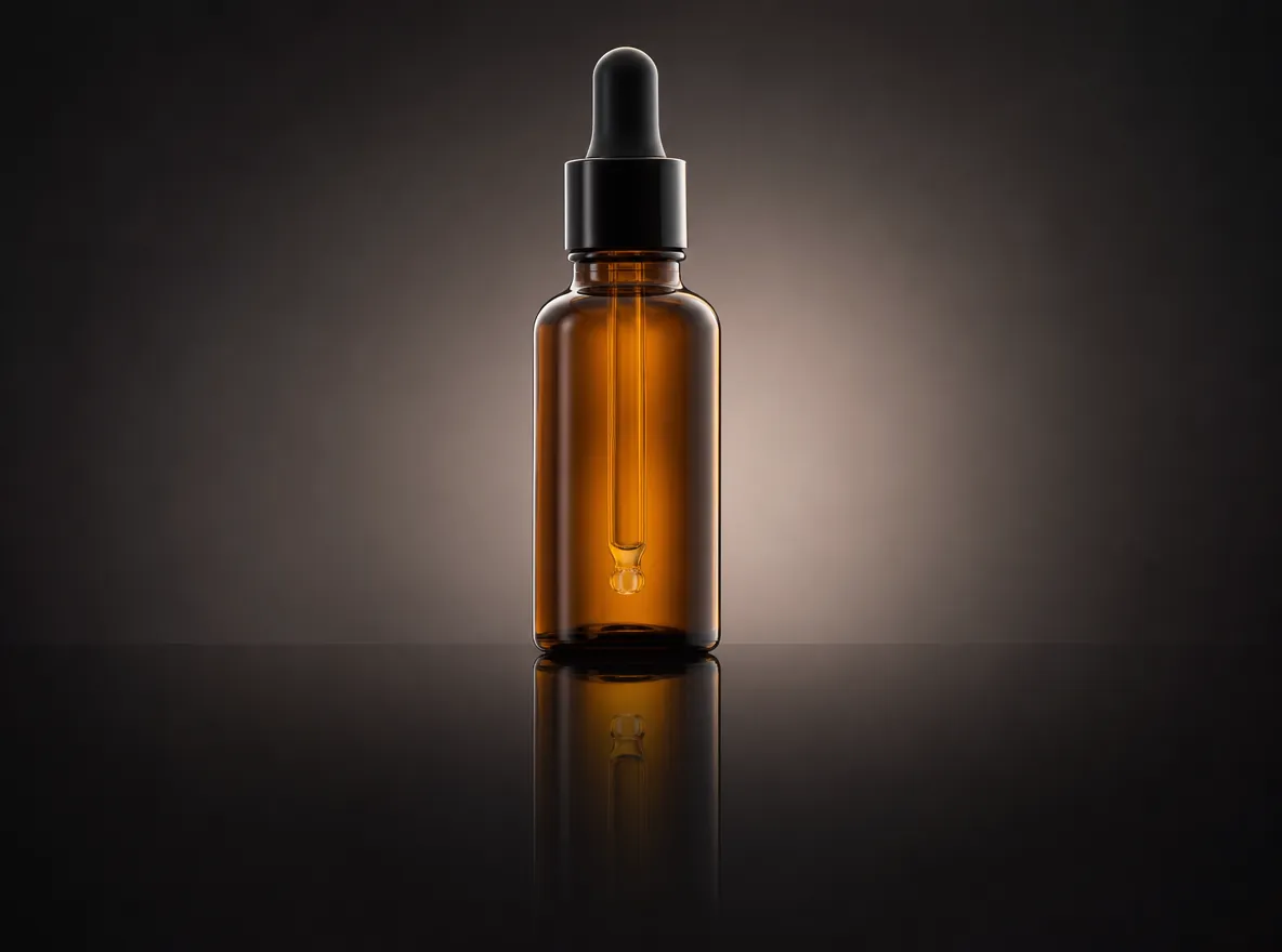 An amber glass serum bottle with a dropper lit by soft-box light on a dark reflective surface