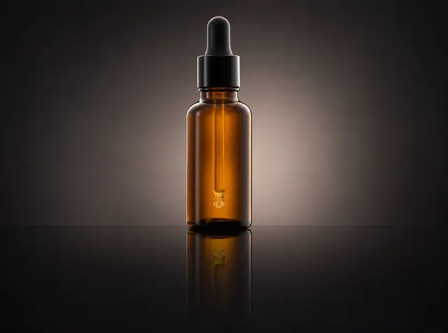 An amber glass serum bottle with a dropper lit by soft-box light on a dark reflective surface