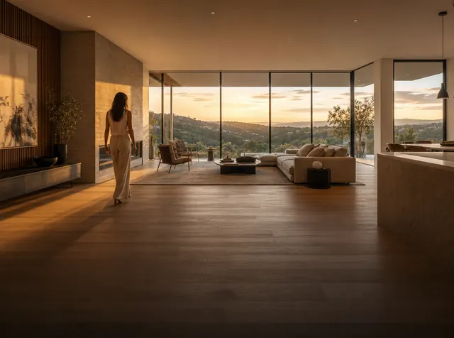 A modern open-plan living room with floor-to-ceiling windows at golden hour
