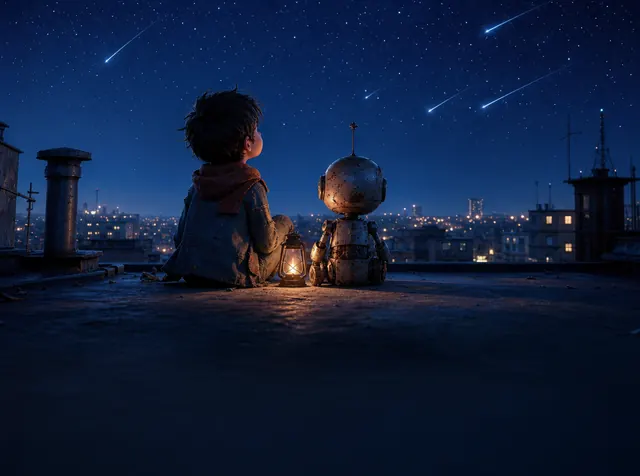 A boy and his small handmade robot on a city rooftop watching a meteor shower at night