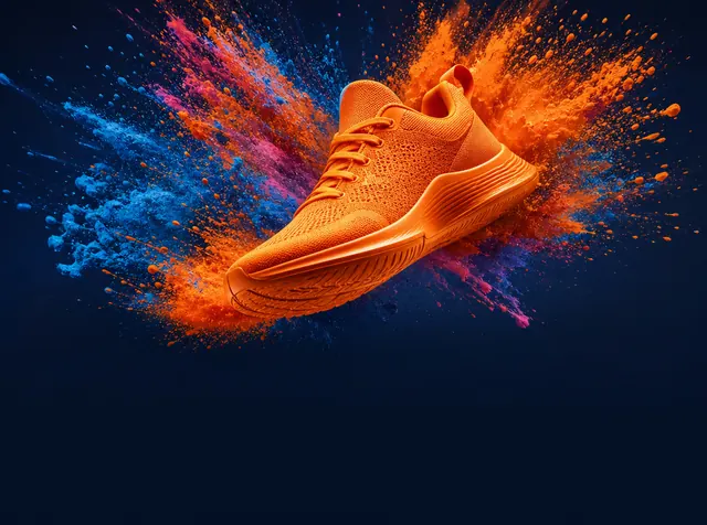 An orange sneaker bursting through a cloud of colorful paint powder on a navy background