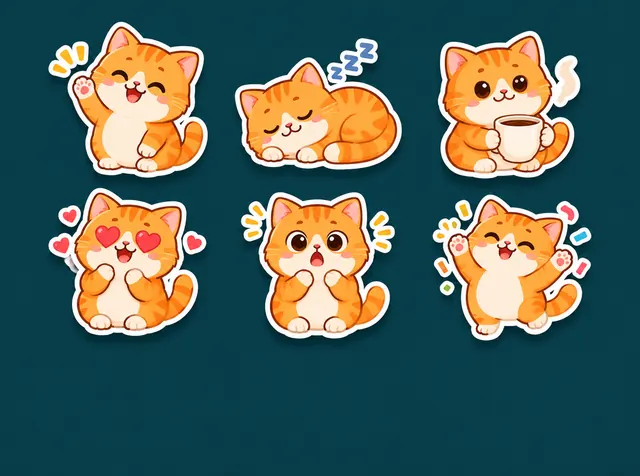 Six die-cut stickers of a chubby orange cat in different poses with thick white outlines