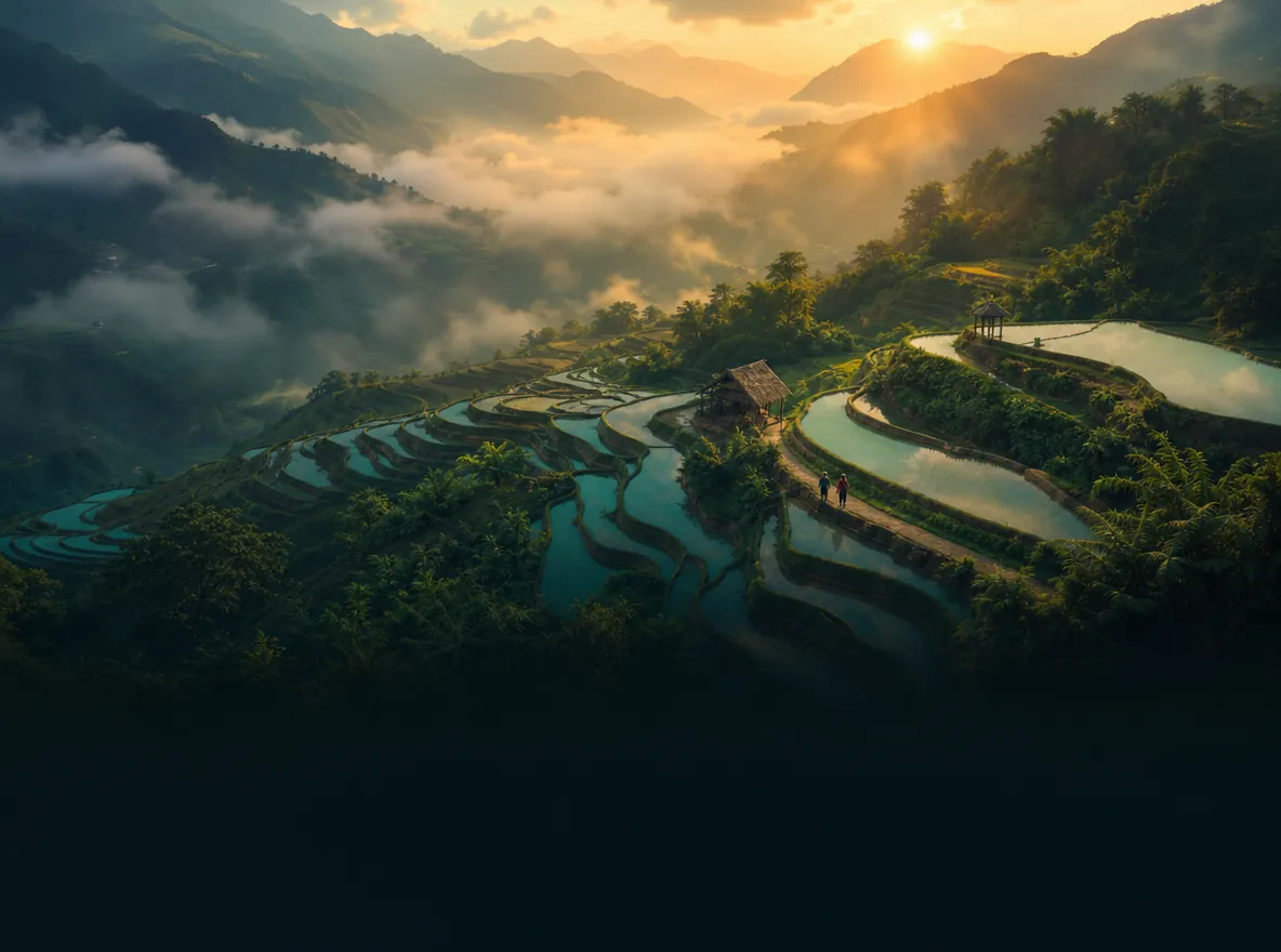 An aerial view of misty rice terraces and mountains at sunrise