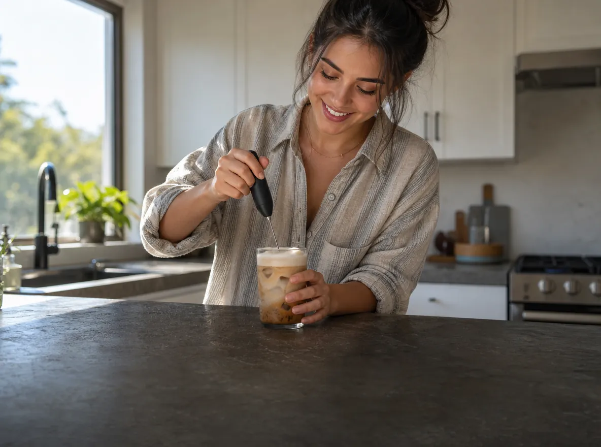 A woman frothing iced coffee with a handheld milk frother in a bright kitchen