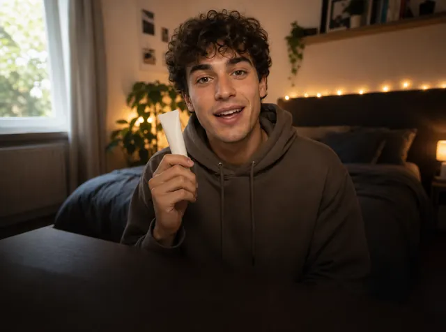 A curly-haired creator in a hoodie talking to the camera in a cozy bedroom while holding a skincare tube