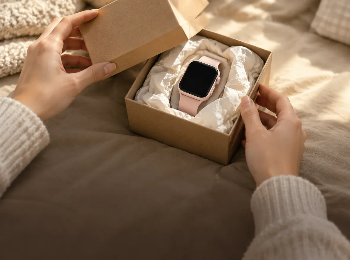 Hands opening a kraft gift box to reveal a pastel smartwatch nestled in tissue paper