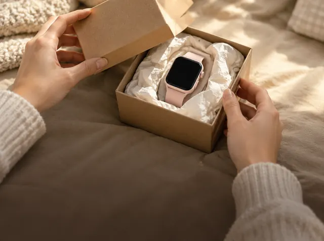 Hands opening a kraft gift box to reveal a pastel smartwatch nestled in tissue paper