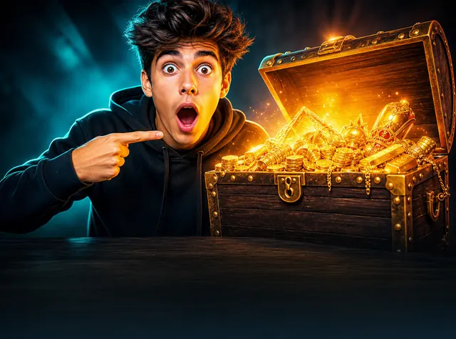A shocked creator pointing at a glowing treasure chest overflowing with gold