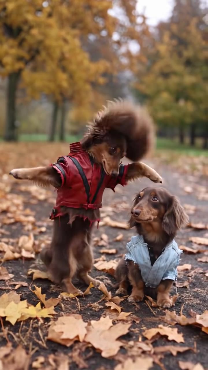 AI Halloween video example: two dachshunds in Thriller costumes dancing in autumn leaves