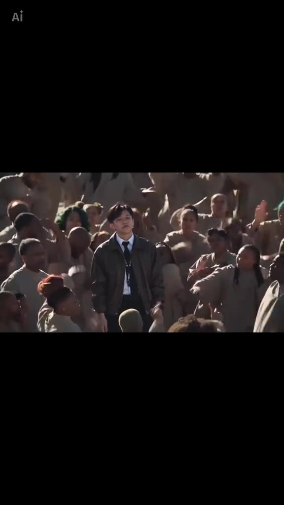 A man in a suit stands still while the choir sways around him (example by @battos13)