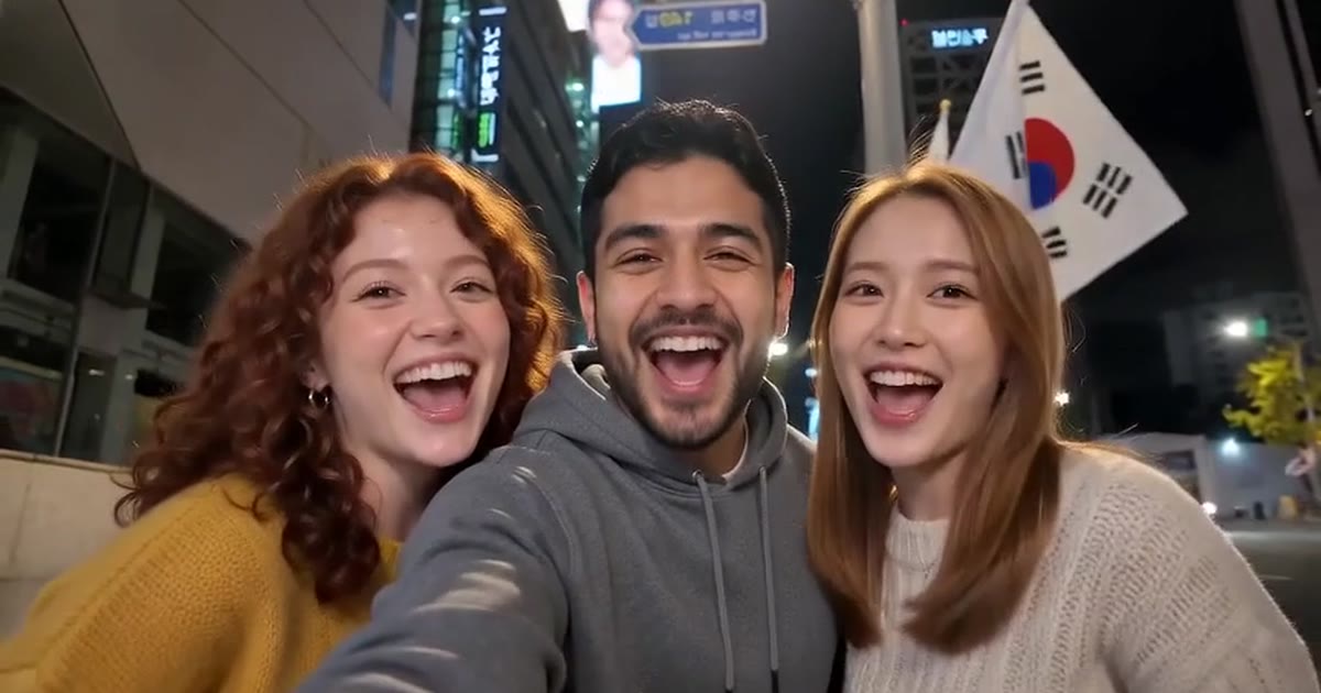 Gangnam Style AI video made with Oraclip: three friends take a night selfie on a Gangnam street under Korean flags
