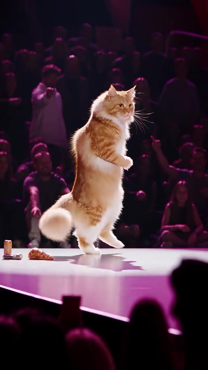 A cat dancing on a pink-lit stage (example by @bellvtrix.ai)