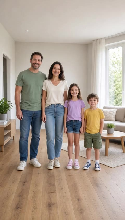 Before: a framing guide for a family photo with four people. After: the family doing the Babydoll two-step in a line.
