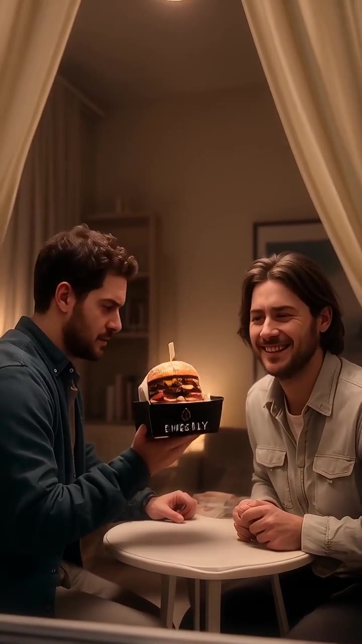 Caught at the Window AI ad: two friends with a burger at a lit window at night (example by thumix.com)