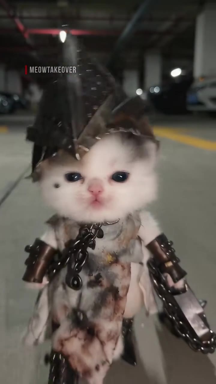 Kittens in witch costumes walk through a parking garage (example by @meowtakeover)