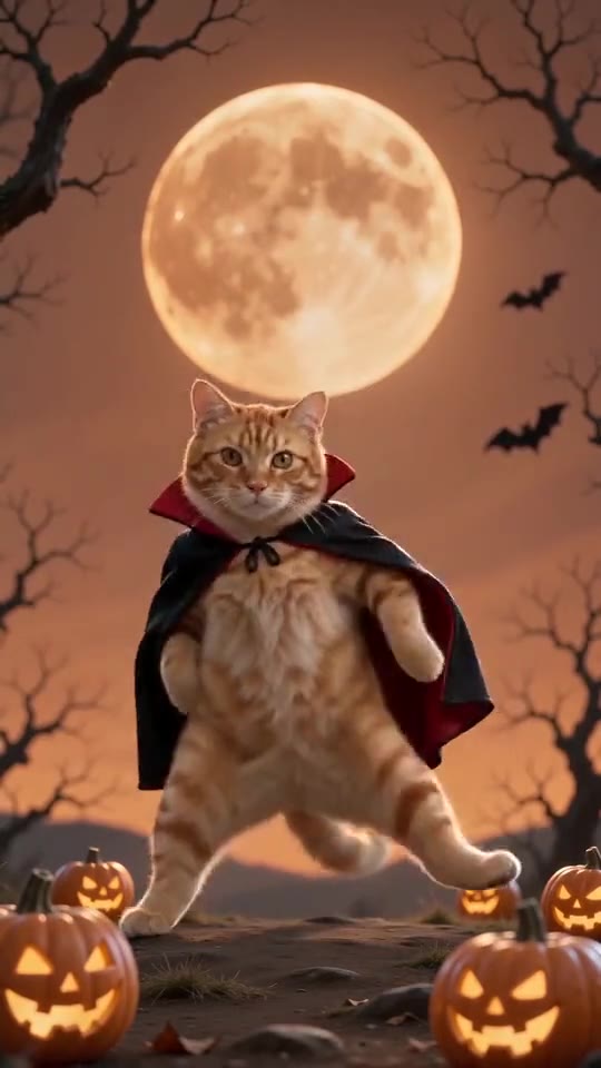 An orange cat in a vampire cape dances under an orange moon (example by tiptoeinginmyjordans.dev)
